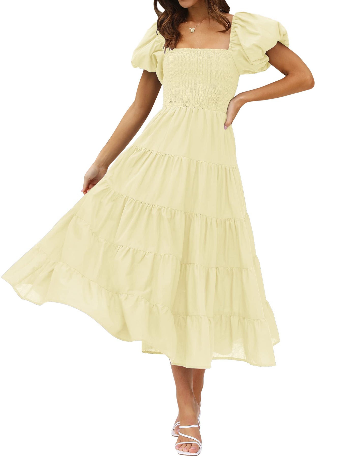 ZESICA Square Neck Smocked A Line Tiered Midi Dress zesica ZESICA Square Neck Smocked A Line Tiered Midi Dress zesica