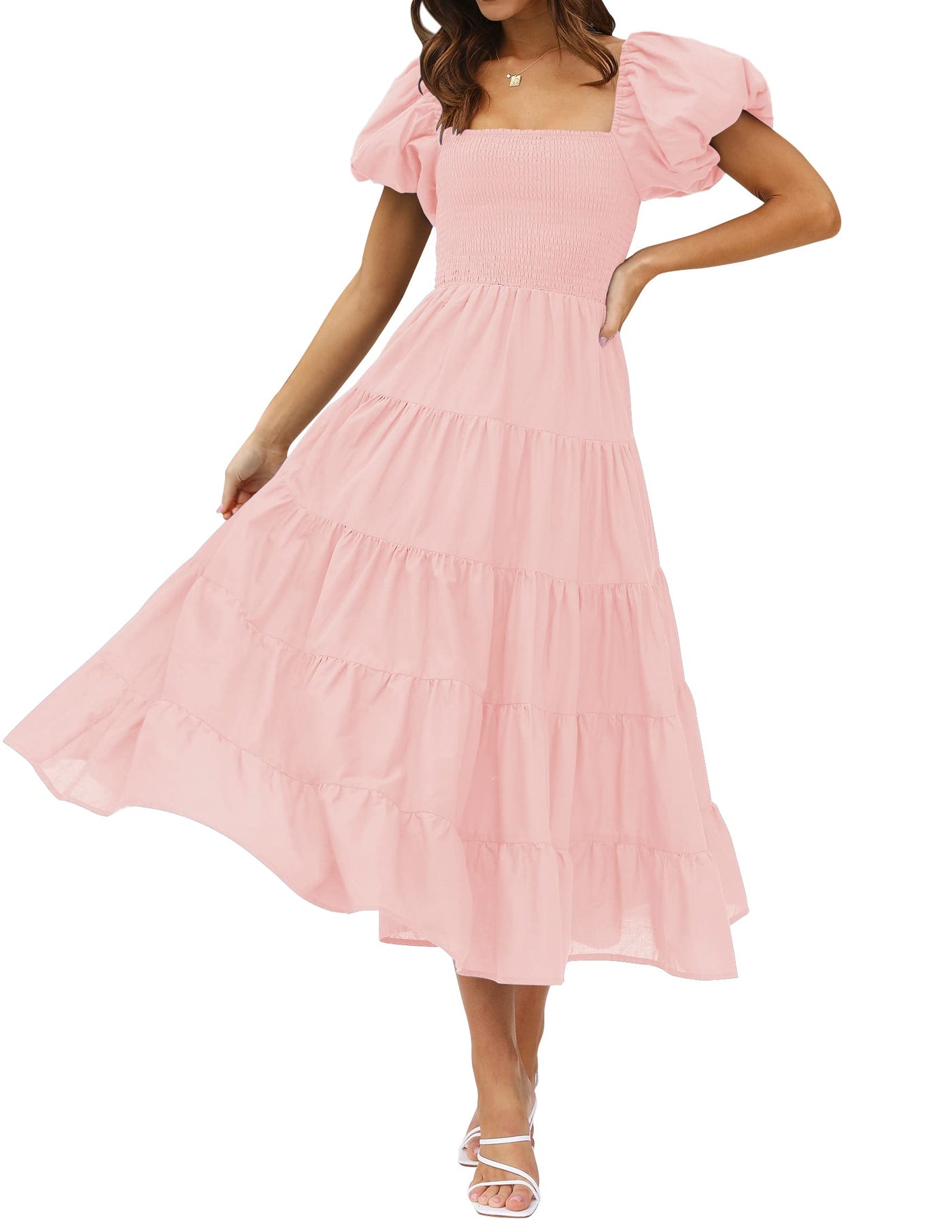 ZESICA Square Neck Smocked A Line Tiered Midi Dress zesica ZESICA Square Neck Smocked A Line Tiered Midi Dress zesica