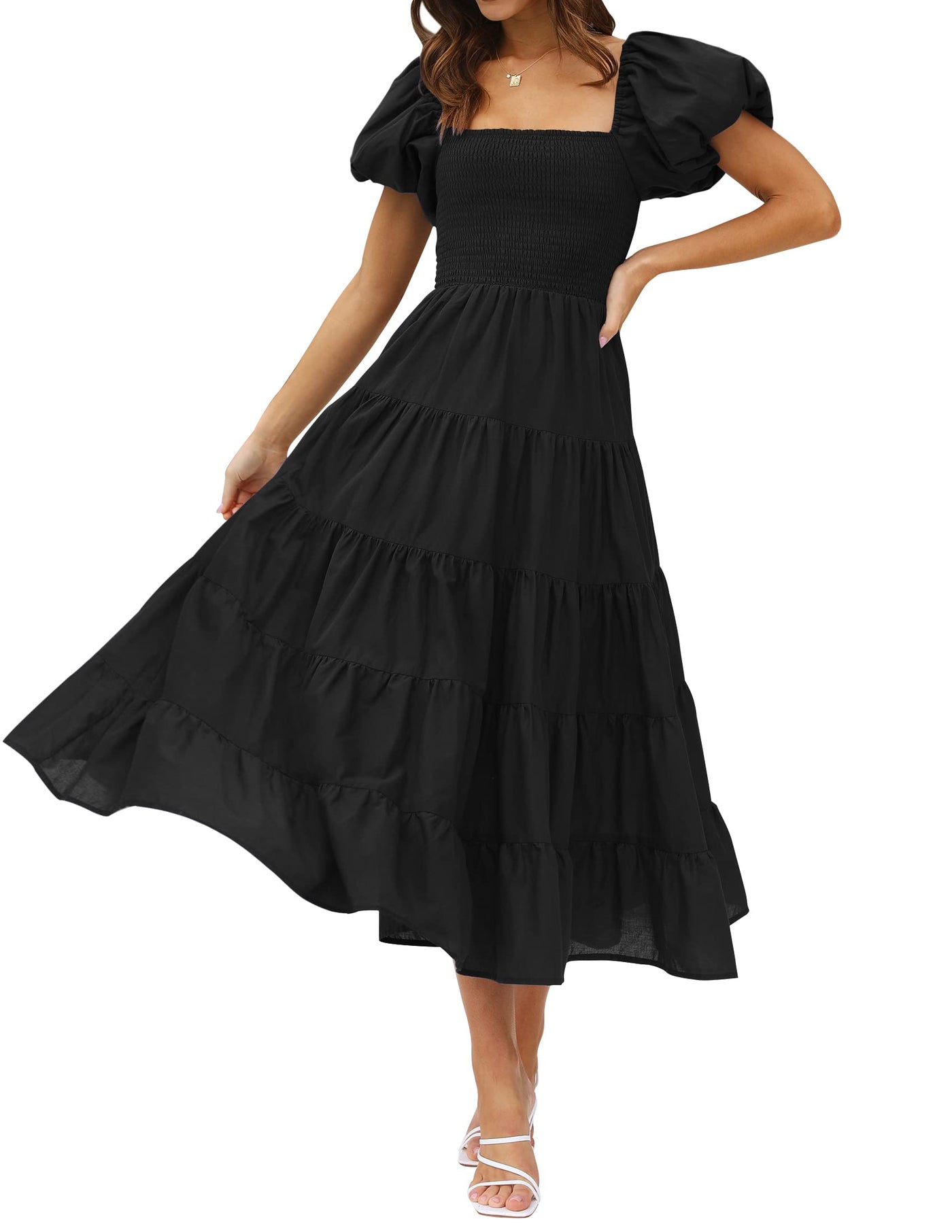 falling sun square neck short puff sleeve tiered midi dress Free People Falling Sun Midi Dress