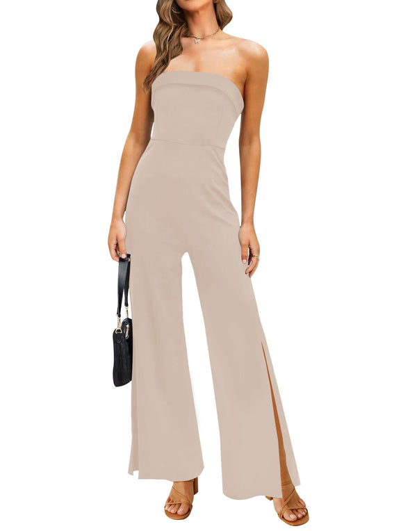 ZESICA Strapless Off Shoulder High Waist Wide Leg Jumpsuit