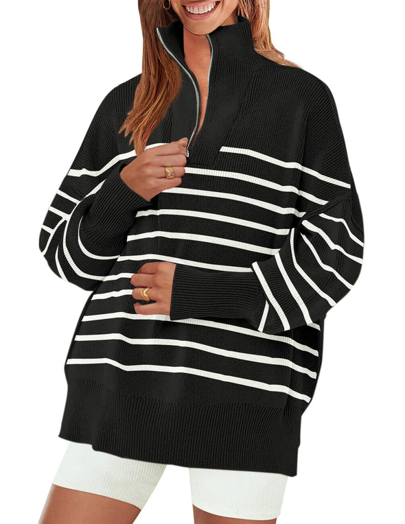 ZESICA Striped 1/4 Zipper Oversized Chunky Ribbed Sweater
