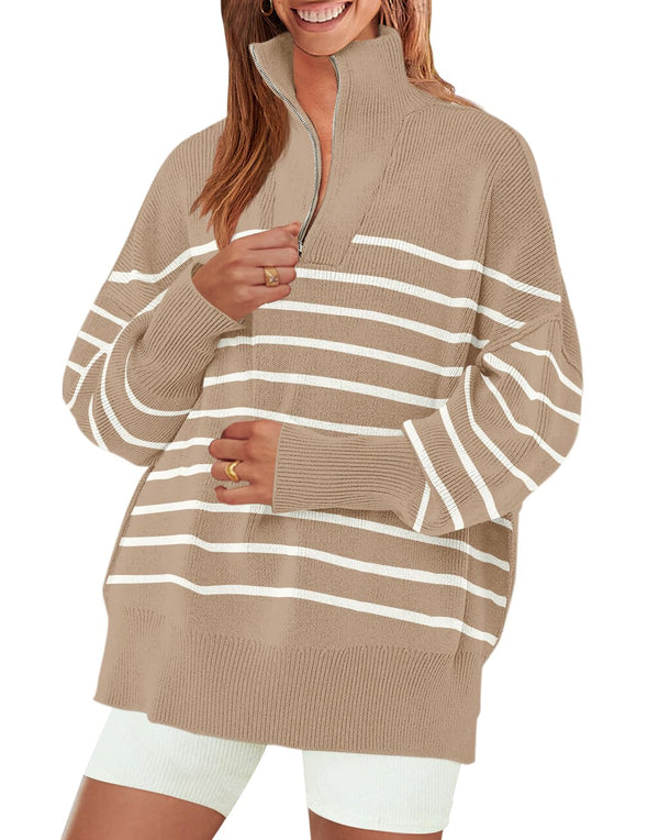 ZESICA Striped 1/4 Zipper Oversized Chunky Ribbed Sweater