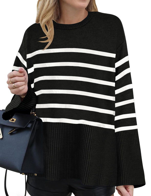 ZESICA Striped Ribbed Knit Side Slit Oversized Sweater