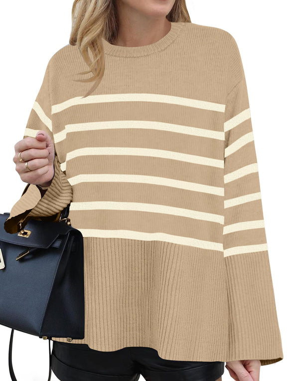 ZESICA Striped Ribbed Knit Side Slit Oversized Sweater