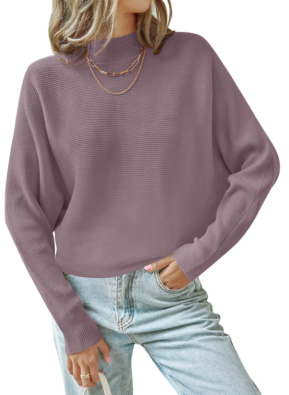 ZESICA Turtleneck Batwing Sleeve Ribbed Knit Sweater