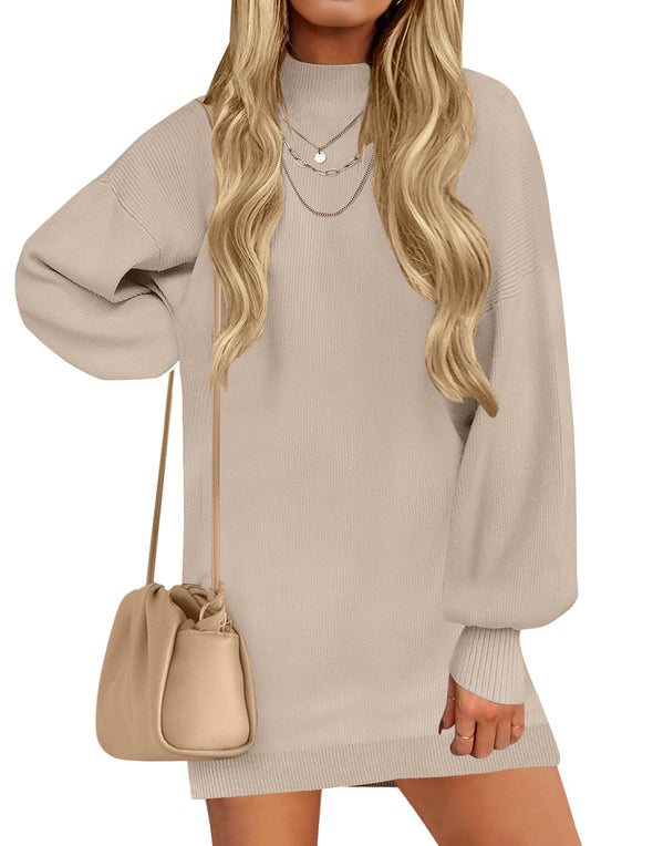 ZESICA Turtleneck Long Lantern Sleeve Knit Pullover Sweater Dress