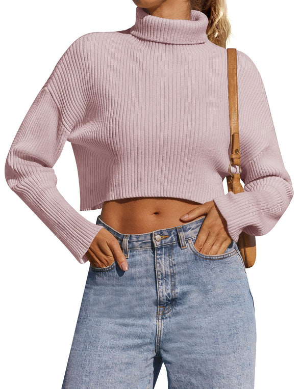 ZESICA Turtleneck Long Sleeve Ribbed Knit Cropped Sweater