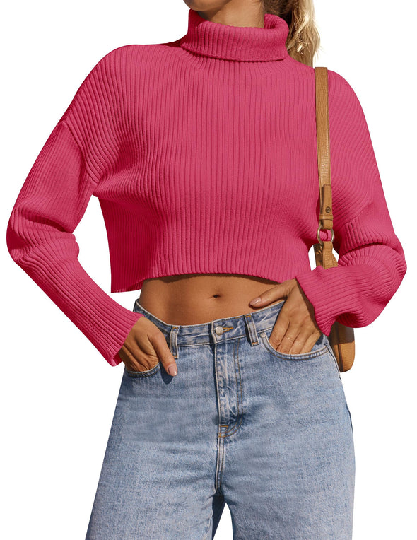 ZESICA Turtleneck Long Sleeve Ribbed Knit Cropped Sweater