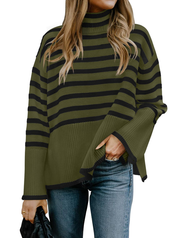ZESICA Turtleneck Striped Side Slit Loose Pullover Sweater