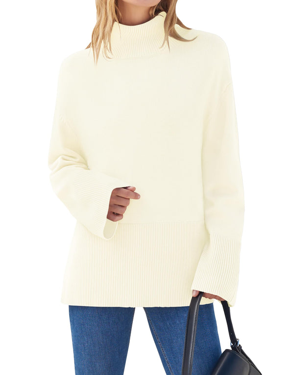 ZESICA Turtleneck Striped Side Slit Loose Pullover Sweater