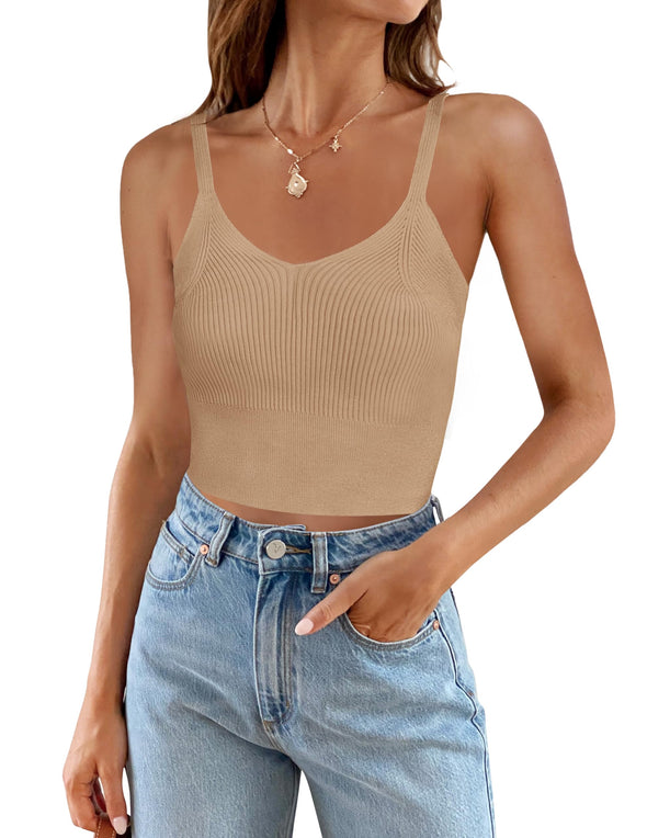 ZESICA V Neck Ribbed Spaghetti Strap Crop Tank Top