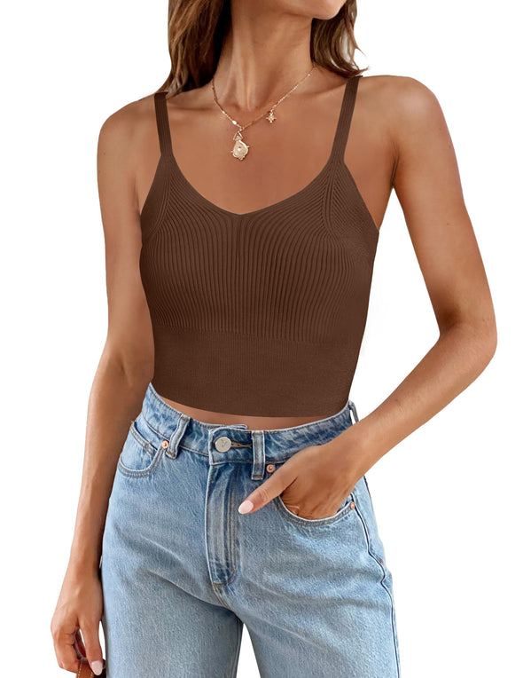 ZESICA V Neck Ribbed Spaghetti Strap Crop Tank Top