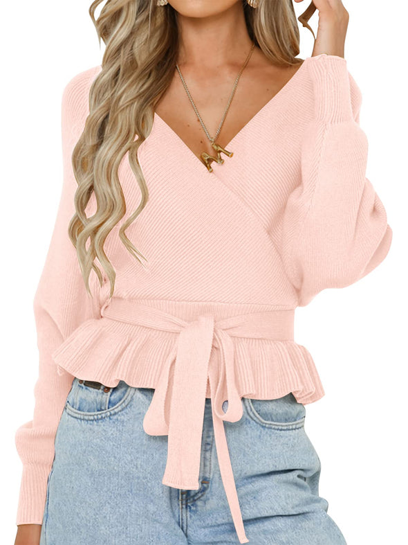 ZESICA Wrap Ruffle Belted Waist Knitted Sweater Pullover