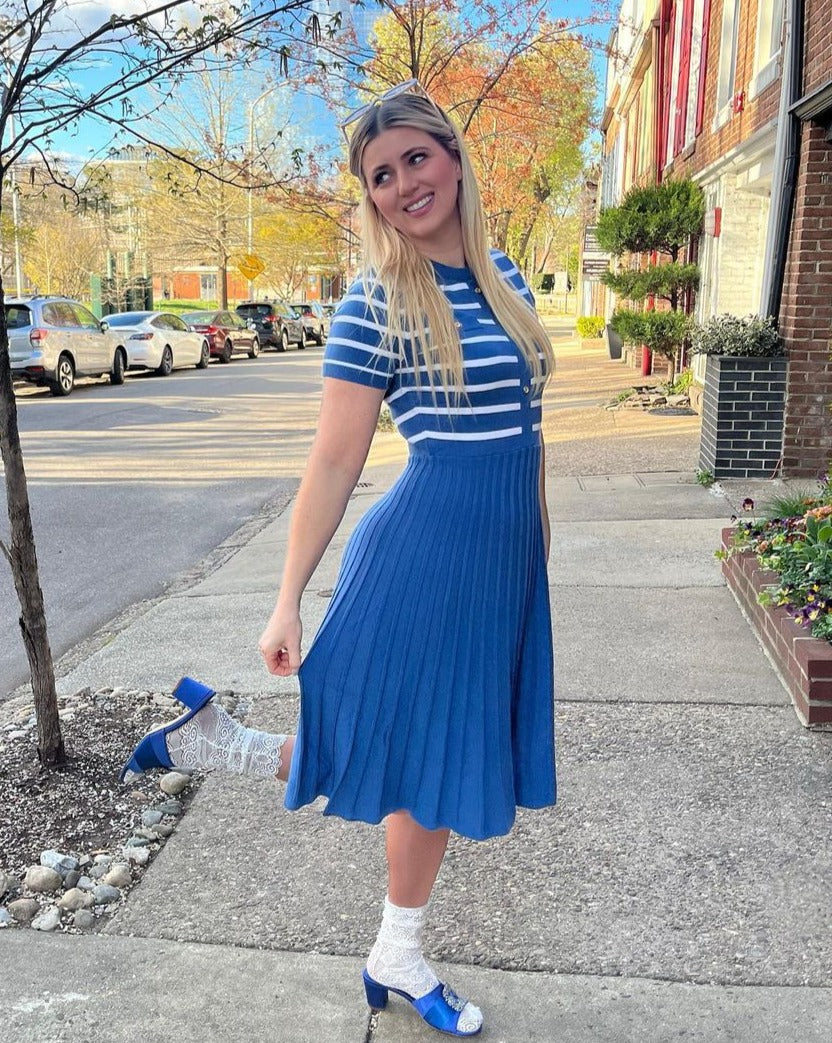 ZESICA Short Sleeve Button Ribbed Knit Striped Pleated Midi Dress zesica ZESICA Short Sleeve Button Ribbed Knit Striped Pleated Midi Dress zesica
