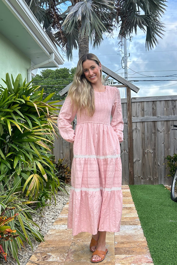 ZESICA Crewneck Smocked A Line Tiered Flowy Wedding Long Dress