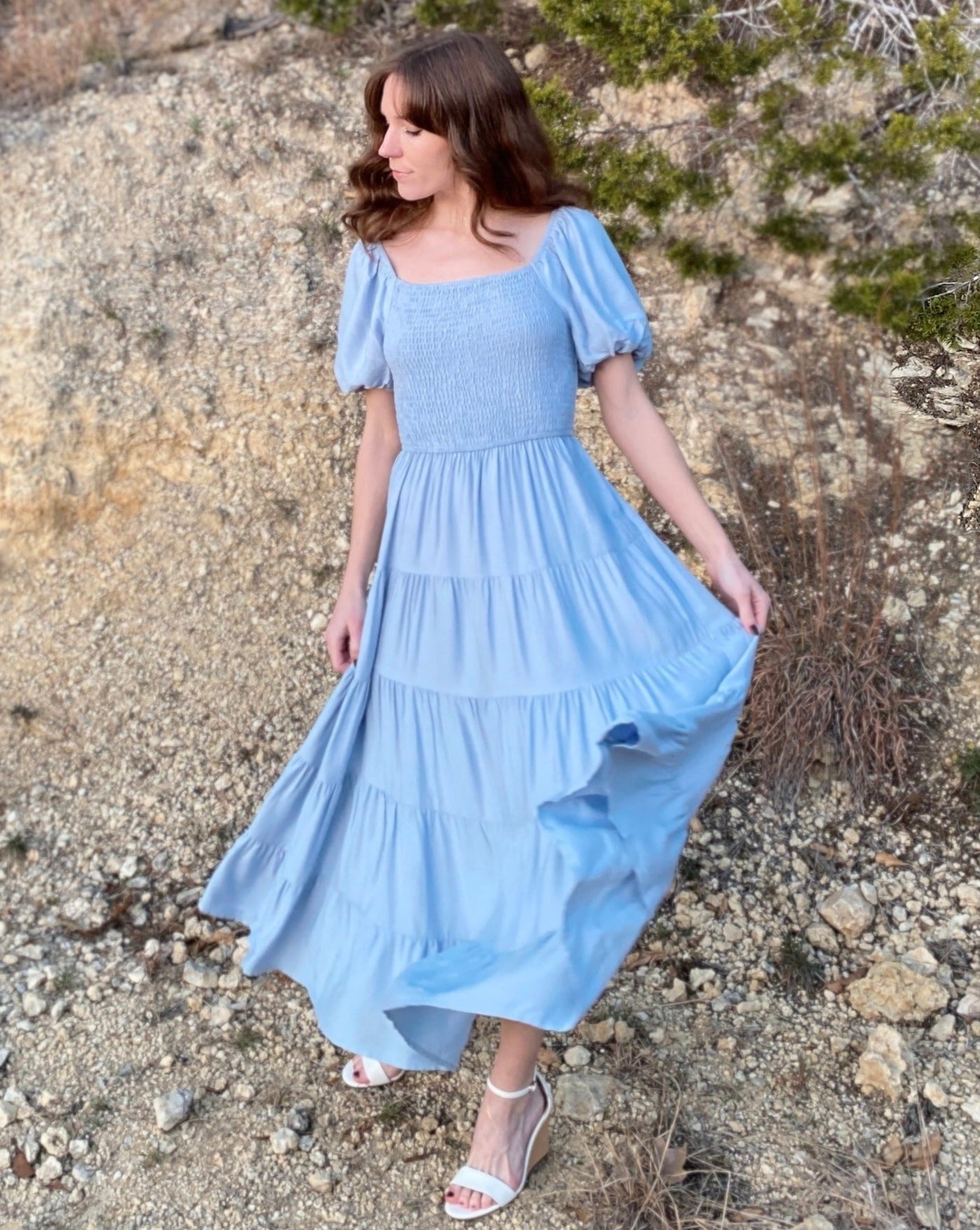 ZESICA Square Neck Smocked A Line Tiered Midi Dress zesica ZESICA Square Neck Smocked A Line Tiered Midi Dress zesica