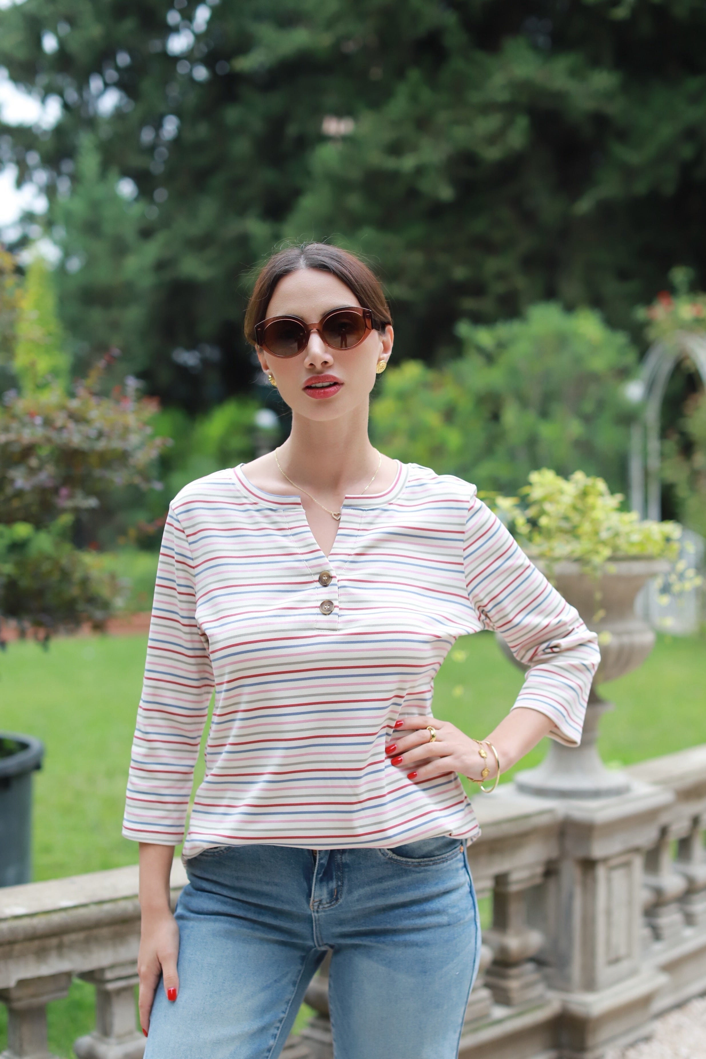 thumbnail image 2 of ZESICA Women's Boho Striped Henley Top - 3/4 Sleeve Casual Blouse For Spring & Fall 2 of 9