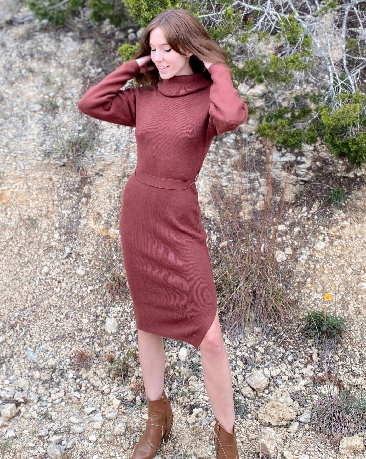 ZESICA Long Sleeve Turtleneck Sweater Slit Midi Dress zesica ZESICA Long Sleeve Turtleneck Sweater Slit Midi Dress zesica