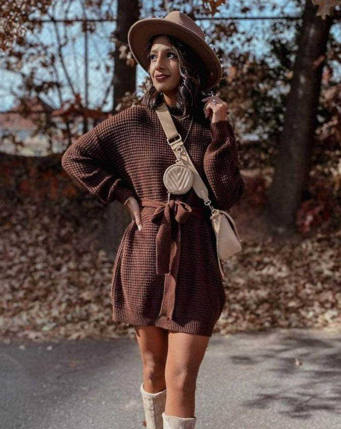 ZESICA Waffle Knitted Tie Wasit Sweater Dress zesica ZESICA Waffle Knitted Tie Wasit Sweater Dress zesica