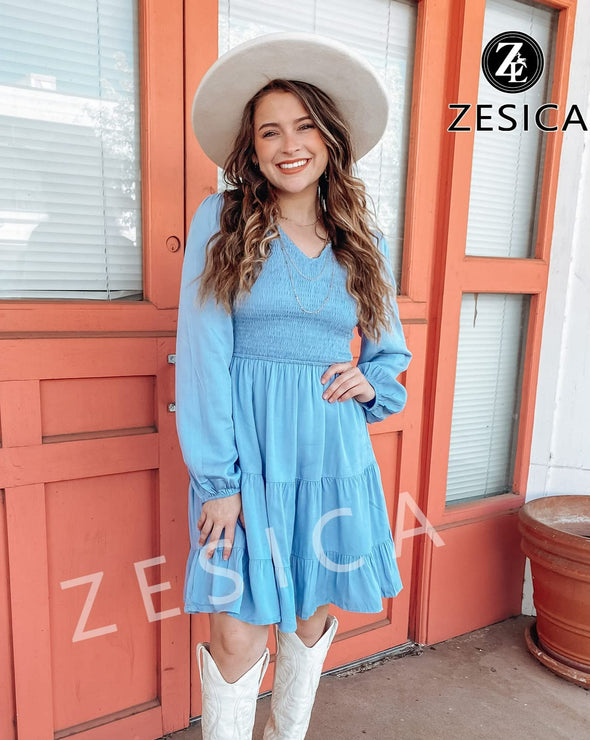 ZESICA V-Neck Smocked High Waist Ruffle Tied Mini Dress