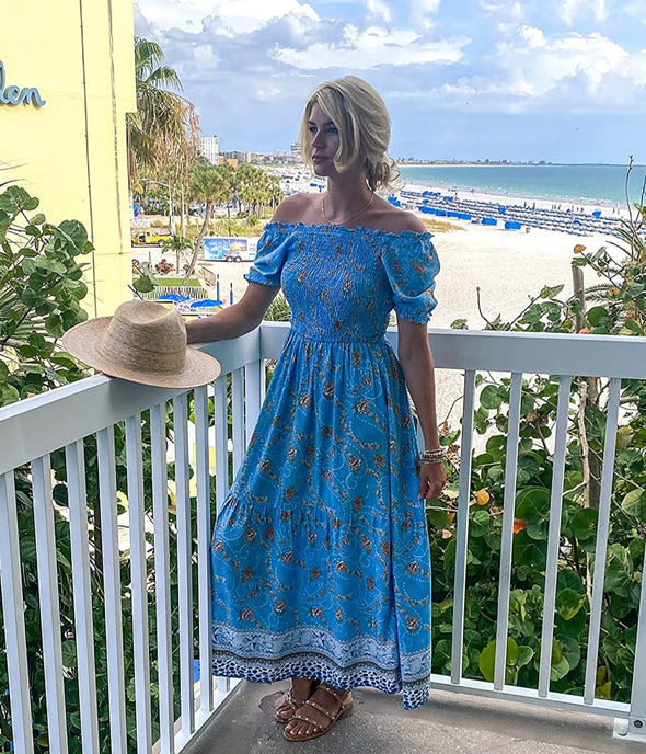 ZESICA Boho Floral Print Ruffle Swing Maxi Dress