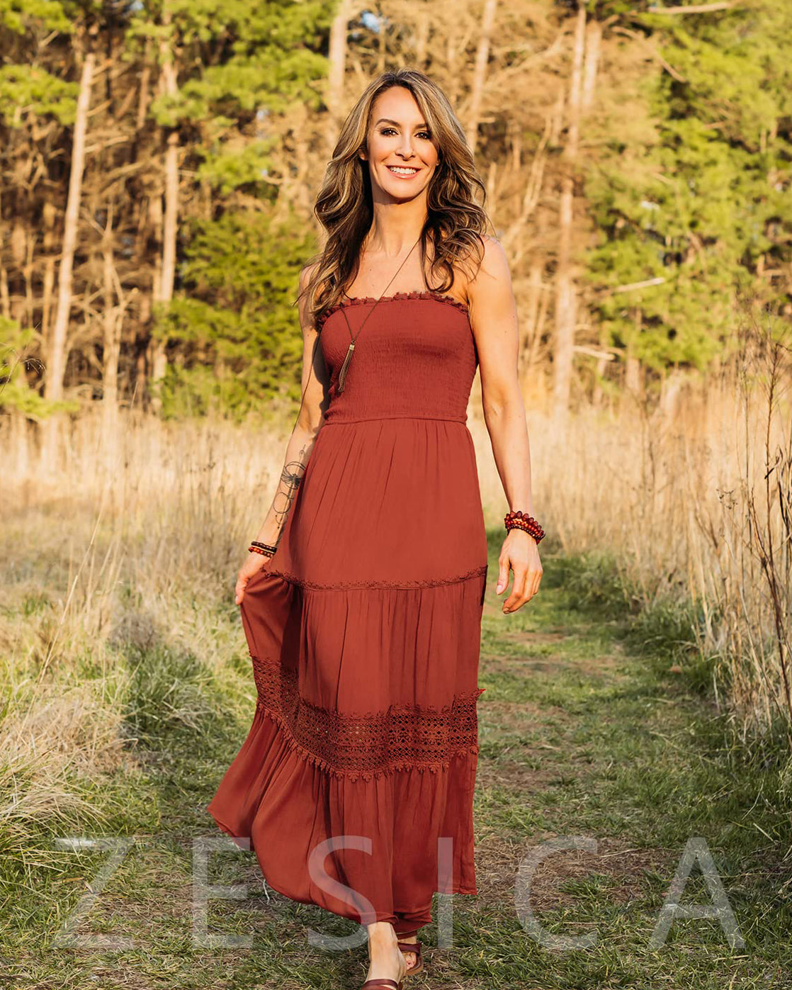 ZESICA Bohemian Strapless Lace Trim Backless Maxi Dress zesica ZESICA Bohemian Strapless Lace Trim Backless Maxi Dress zesica