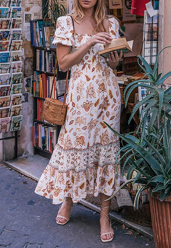 ZESICA Boho Floral Print Ruffle Swing Maxi Dress