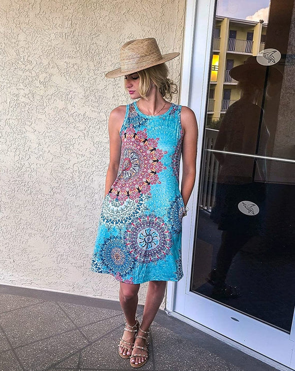 ZESICA Sleeveless Damask Print Shirt Dress with Pocket