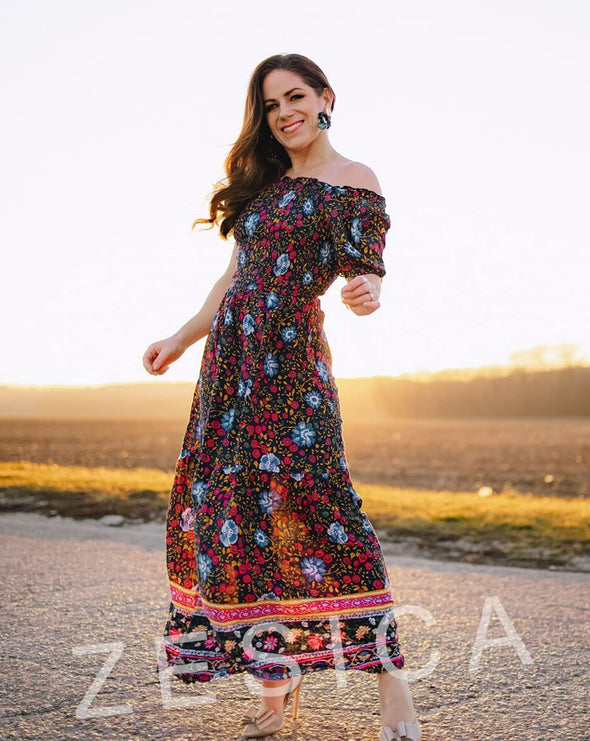 ZE ZESICA Boho Floral Print Ruffle Swing Maxi Dress