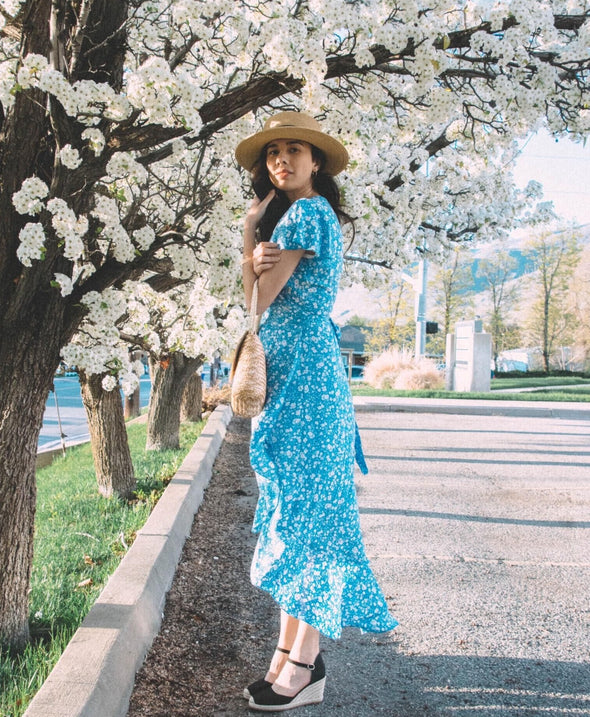 ZESICA Floral Wrap Flowy Ruffle Midi Dress