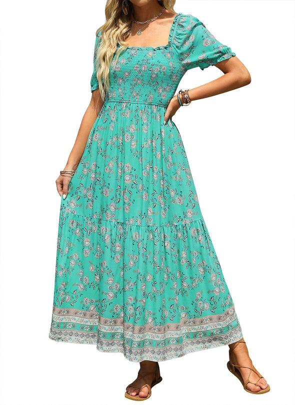 ZE ZESICA Boho Floral Print Ruffle Swing Maxi Dress