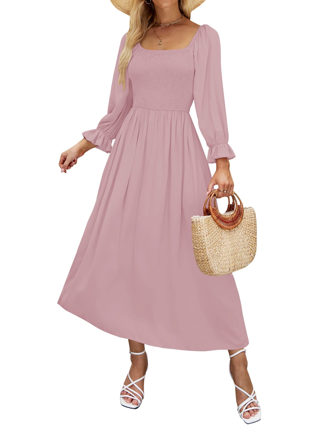 zesica midi dress ZESICA Ruffle Cap Sleeve Crewneck Flowy Pleated Midi Dress zesica