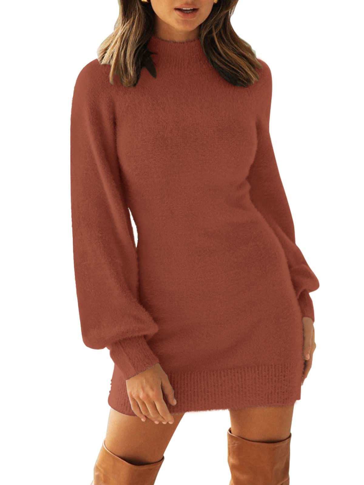 ZESICA Turtleneck Puff Sleeve Bodycon Mini Sweater Dress zesica ZESICA Turtleneck Puff Sleeve Bodycon Mini Sweater Dress zesica