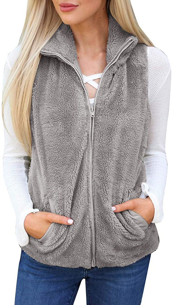 ZESICA Sleeveless Fuzzy Fleece Zipper Vest