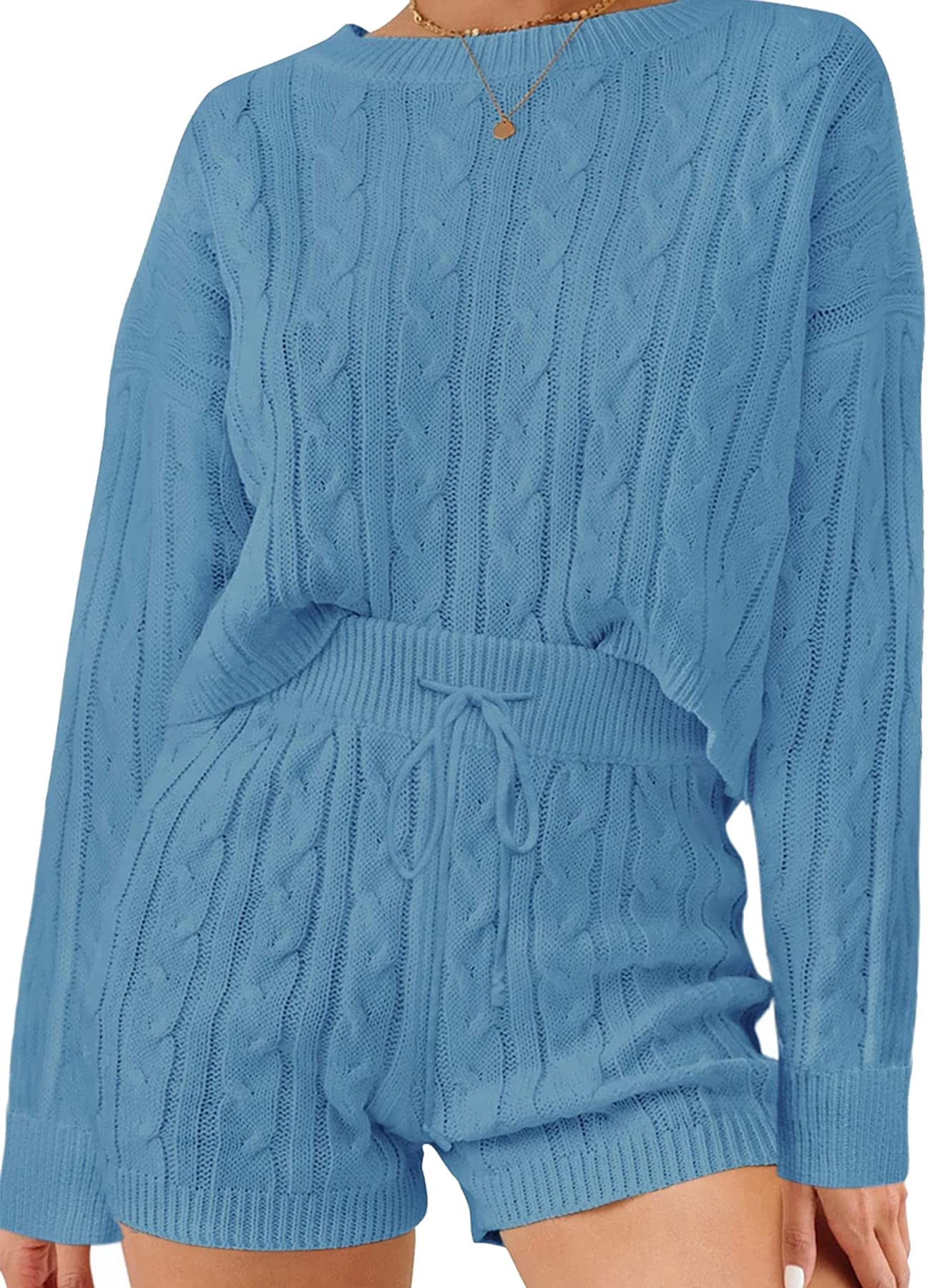ZESICA Cable Knit Pullover Tops and Drawstring Shorts Lounge
