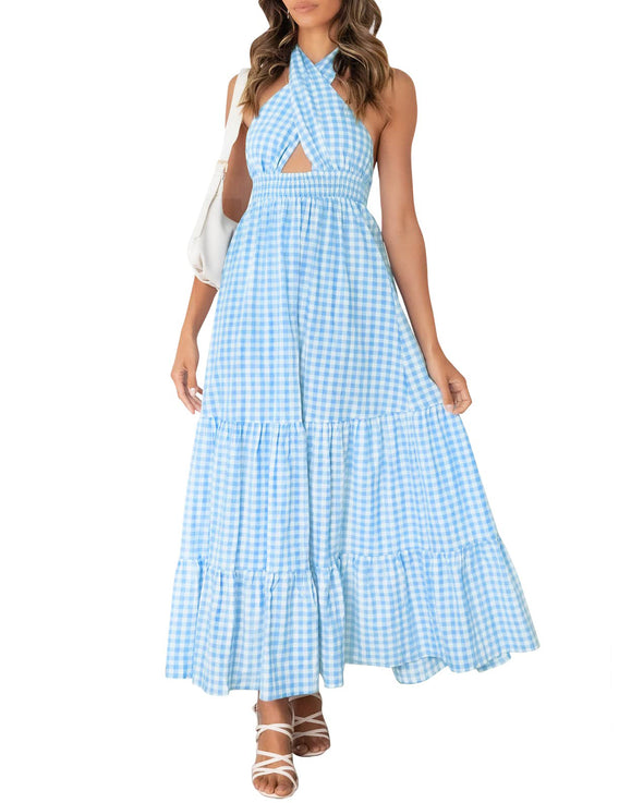 ZESICA Crossover Halter Plaid Backless Maxi Dress
