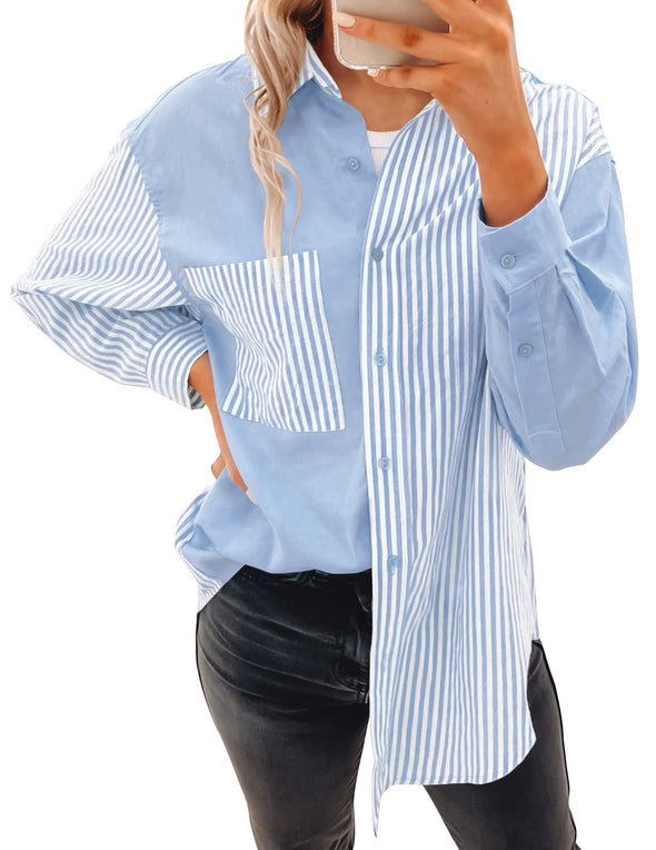 Plaid Patchwork Button Down Oversized Shirt Blouse Top