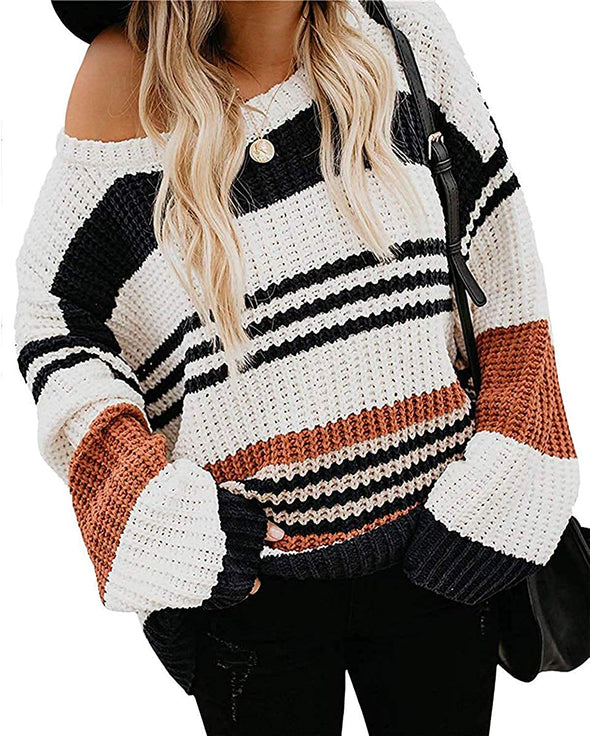 ZESICA Crew Neck Striped Block Pullover Sweater