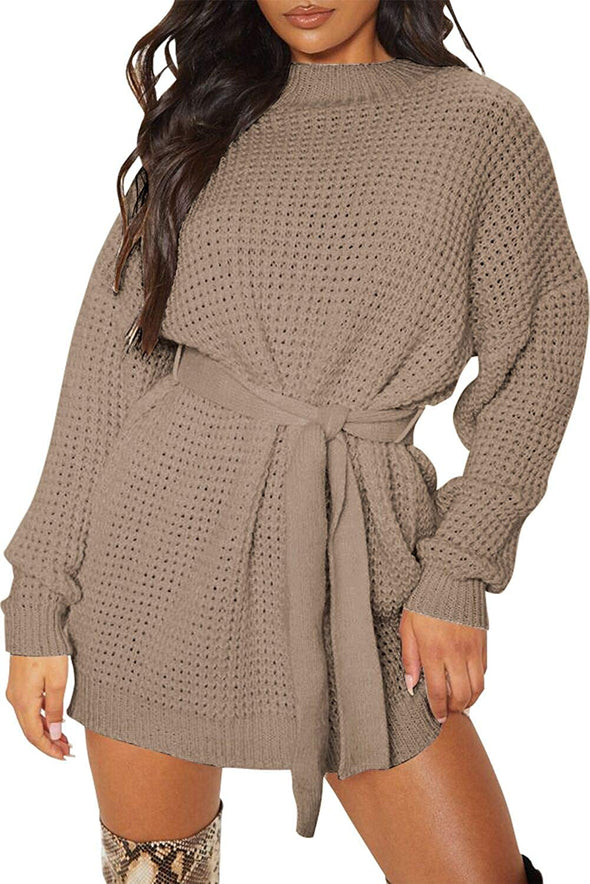 ZESICA Waffle Knitted Tie Wasit Sweater Dress