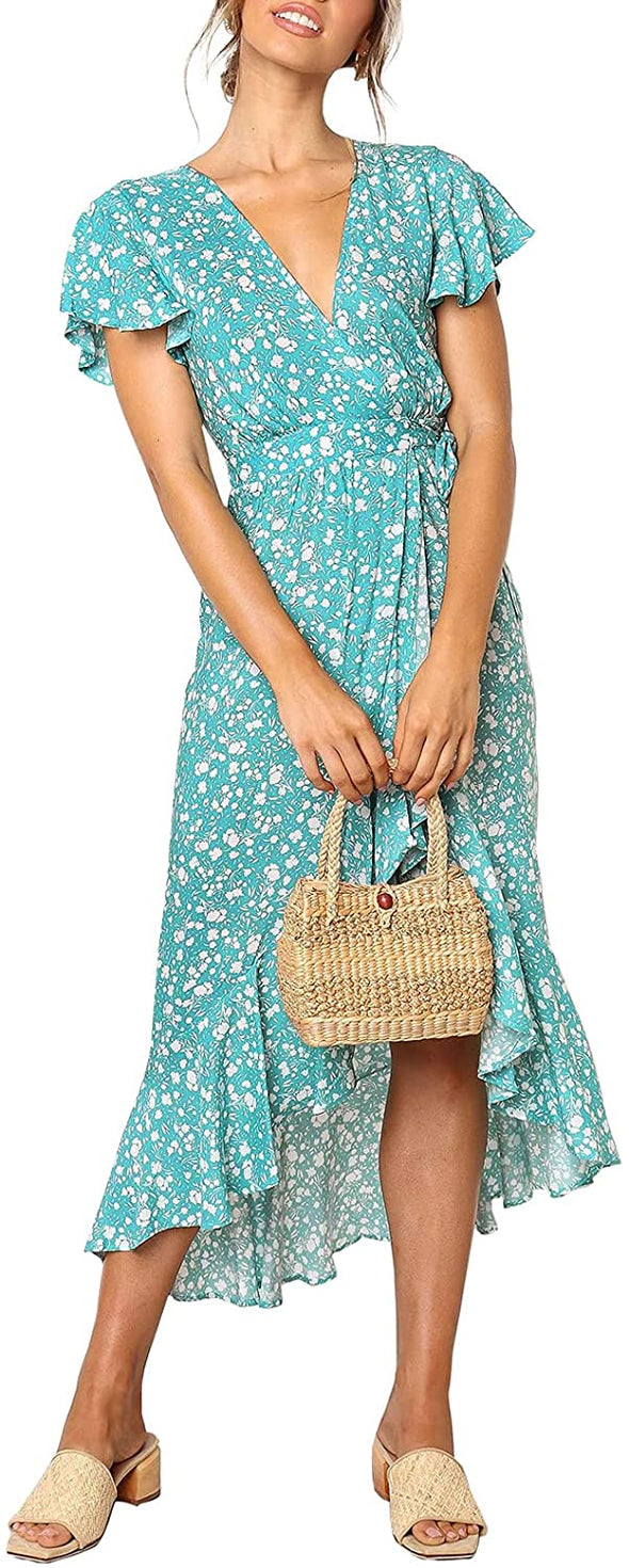 ZESICA Floral Wrap Flowy Ruffle Midi Dress