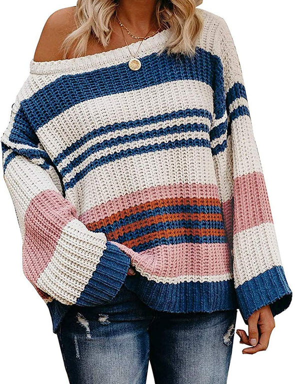 ZESICA Crew Neck Striped Block Pullover Sweater