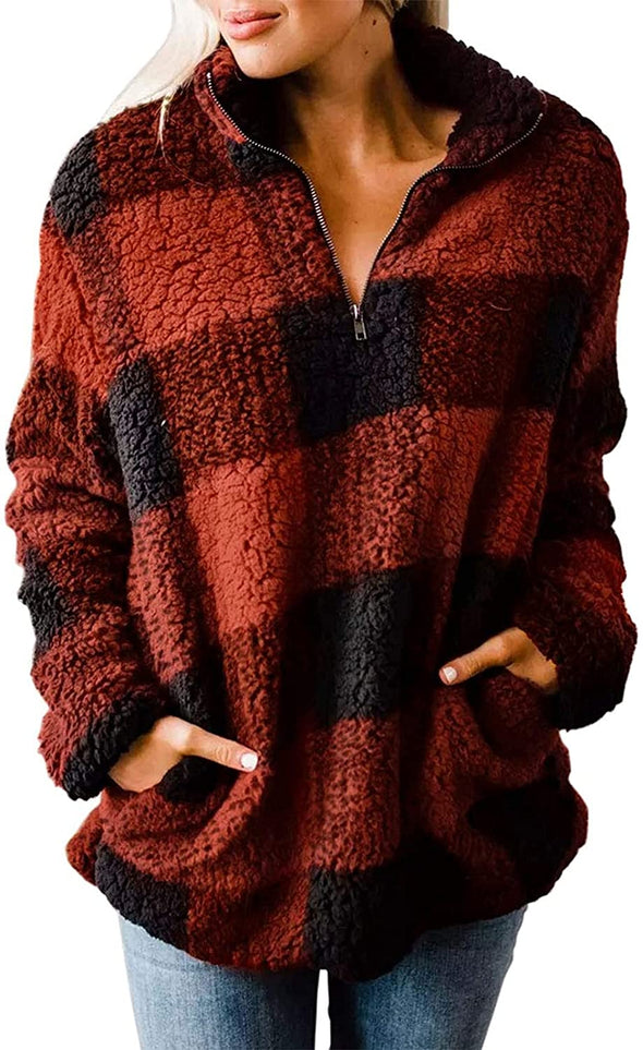 ZESICA Plaid Zipper Sherpa Fleece Sweatshirt Pullover
