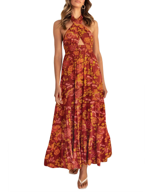ZESICA Crossover Halter Plaid Backless Maxi Dress