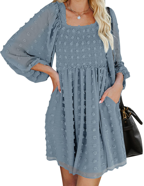 Puff Sleeve Swiss Dot Flowy A Line Smocked Babydoll Short Dress