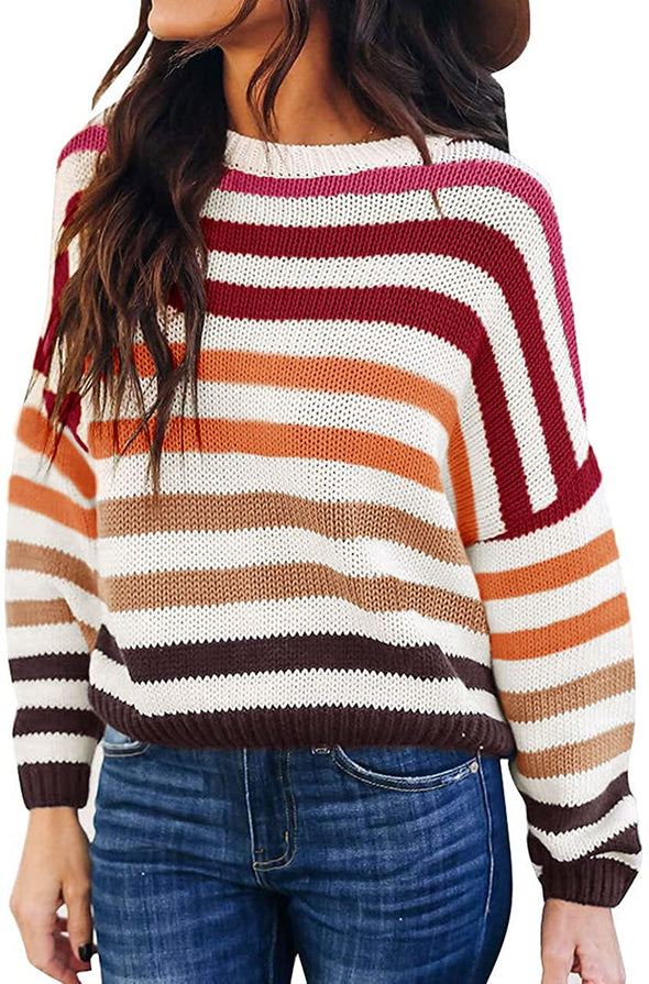 ZESICA Crew Neck Striped Block Pullover Sweater