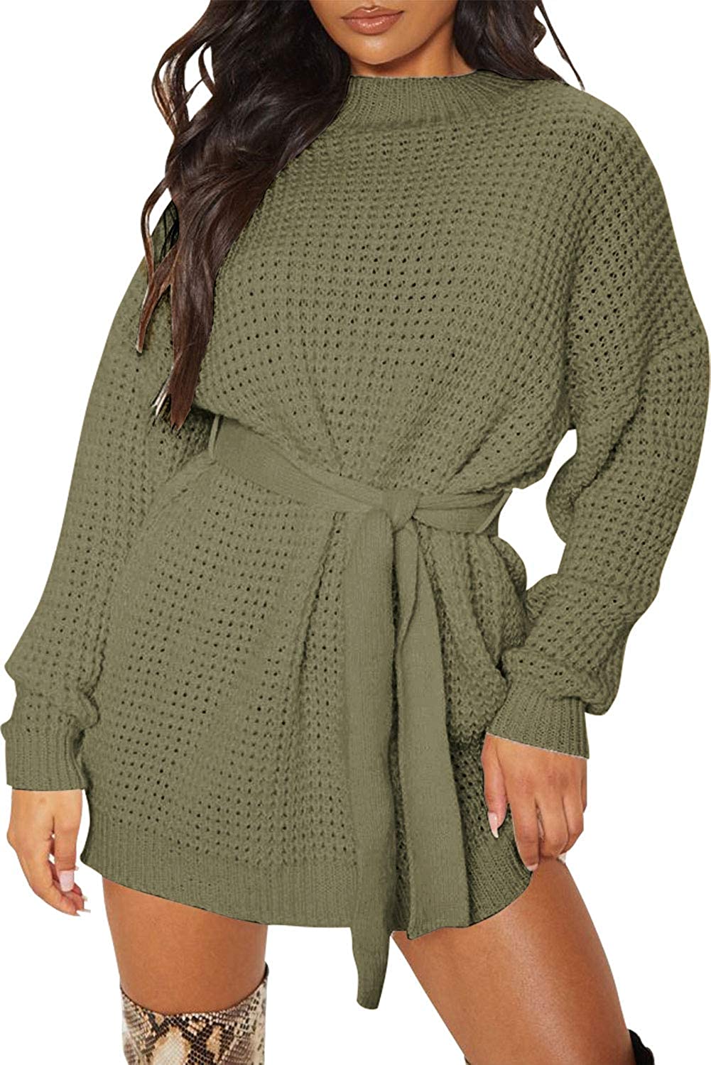 ZESICA Waffle Knitted Tie Wasit Sweater Dress zesica ZESICA Waffle Knitted Tie Wasit Sweater Dress zesica