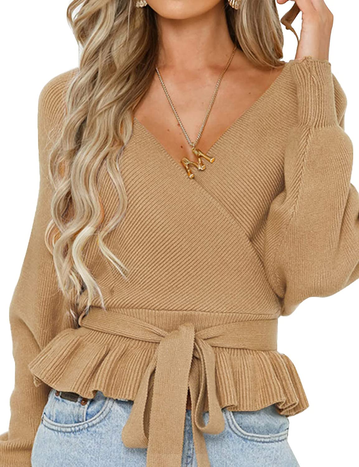 ZESICA Wrap Ruffle Belted Waist Knitted Sweater Pullover – zesica