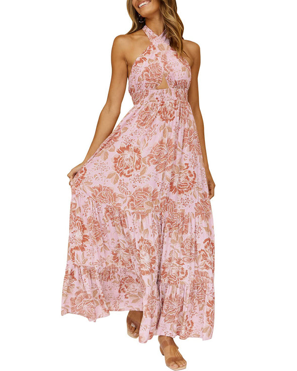 ZESICA Crossover Halter Plaid Backless Maxi Dress