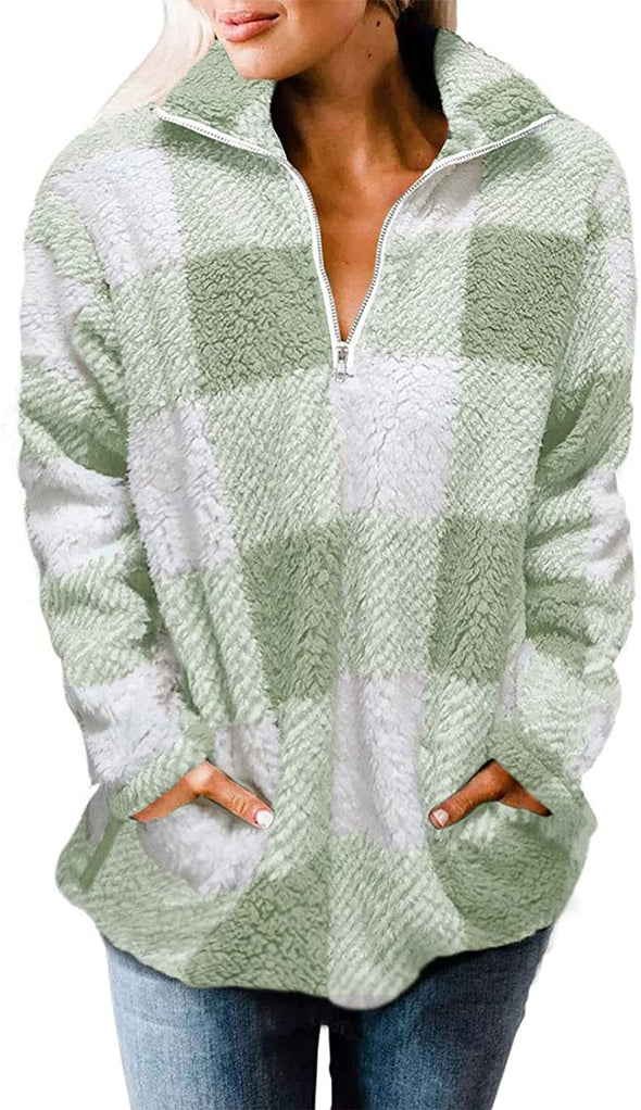 ZESICA Plaid Zipper Sherpa Fleece Sweatshirt Pullover