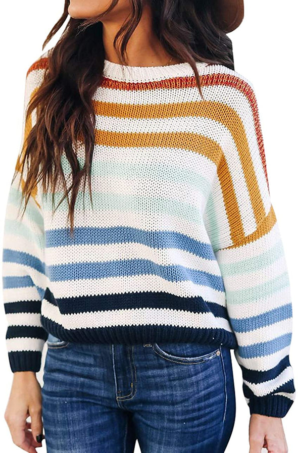 ZESICA Crew Neck Striped Block Pullover Sweater